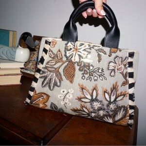 Spartina 449 Carpet Tote Purse (gray, brown florals/fringe/geniune leather)